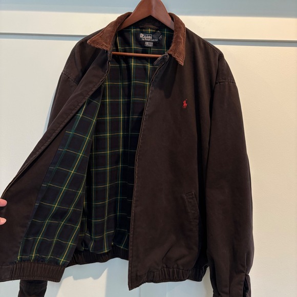 Vtg Polo Ralph Lauren Bomber Jacket XL Black Tartan Lined Corduroy Collar Zip